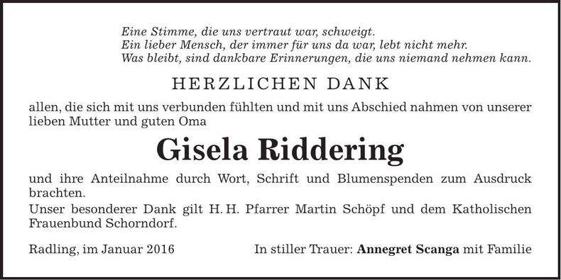 Traueranzeige Gisela Riddering