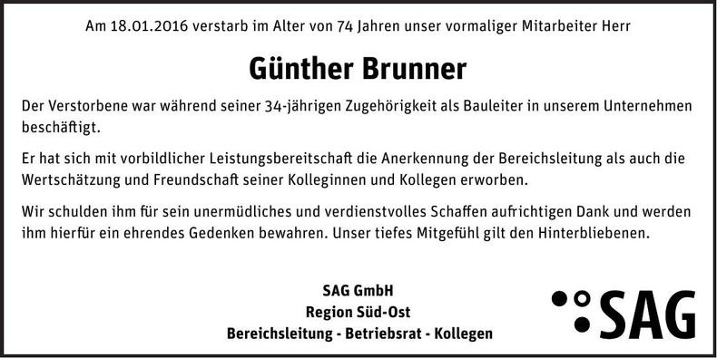 Traueranzeige Günther Brunner
