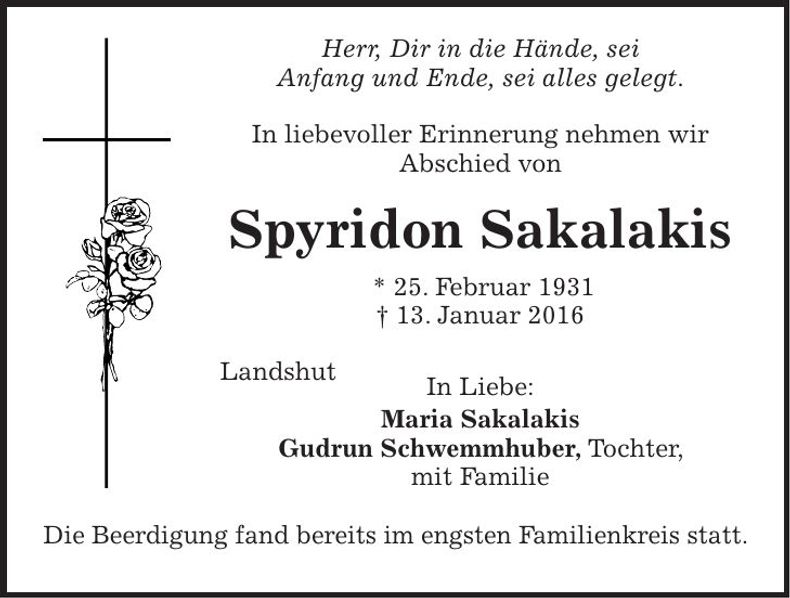 Traueranzeige Spyridon Sakalakis