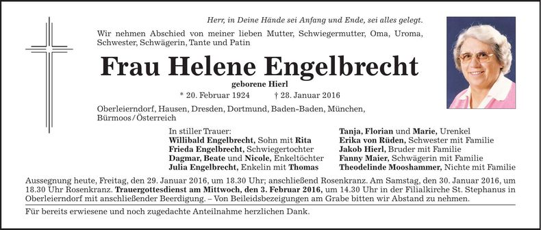 Traueranzeige Helene Engelbrecht