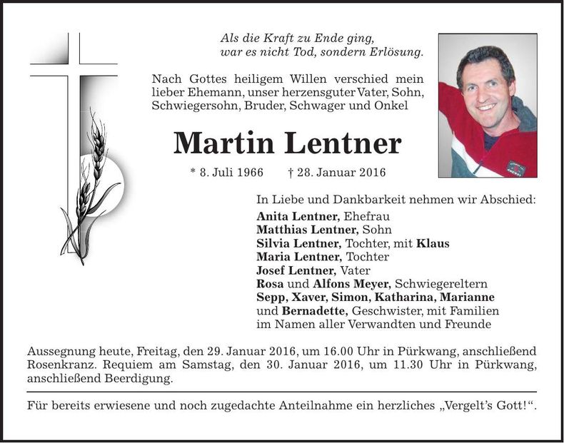 Traueranzeige Martin Lentner