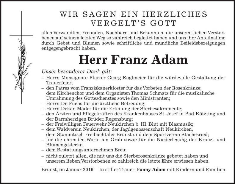 Traueranzeige Franz Adam