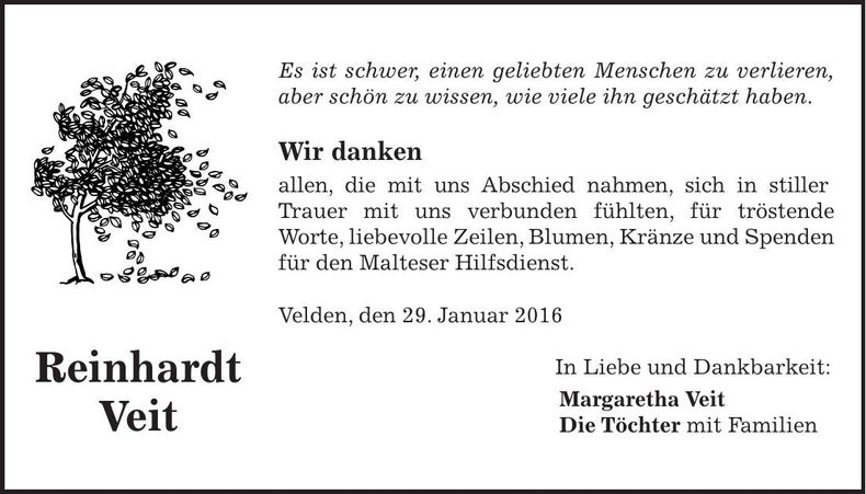 Traueranzeige Reinhardt Veit