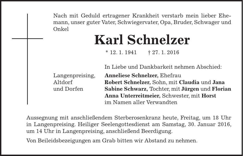 Traueranzeige Karl Schnelzer