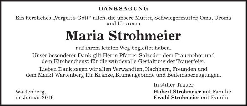 Traueranzeige Maria Strohmeier