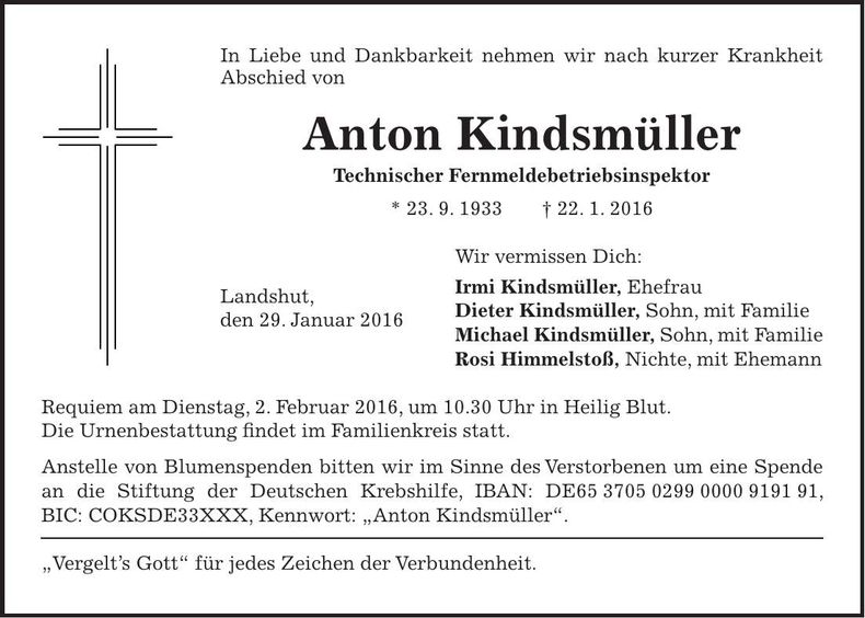 Traueranzeige Anton Kindsmüller
