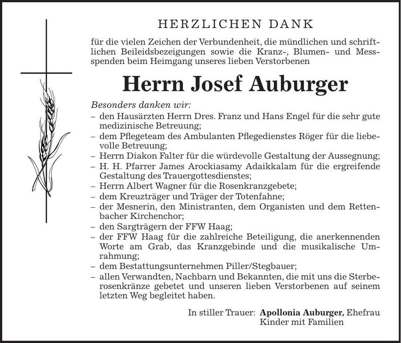 Traueranzeige Josef Auburger