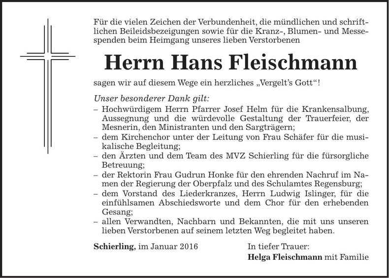 Traueranzeige Hans Fleischmann
