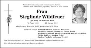 Traueranzeige Sieglinde Wildfeuer
