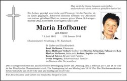 Traueranzeige Maria Hofbauer