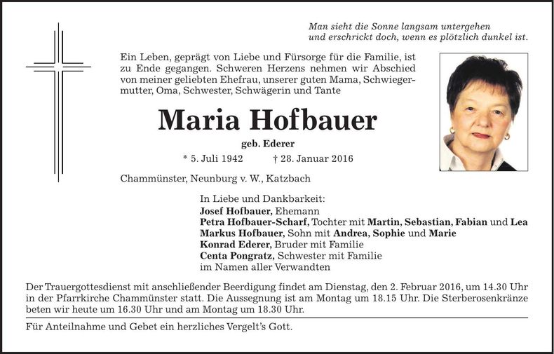 Traueranzeige Maria Hofbauer