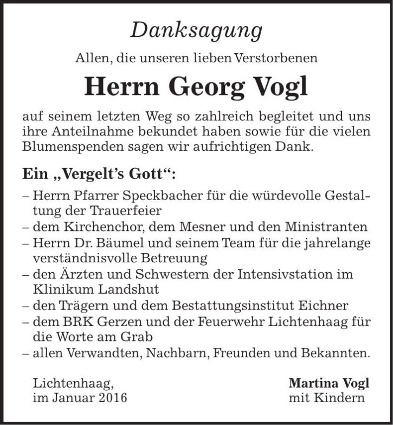 Traueranzeige Georg Vogl