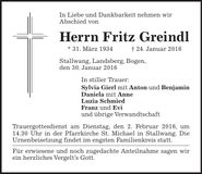 Traueranzeige Fritz Greindl