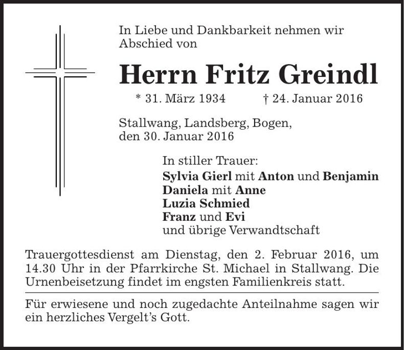 Traueranzeige Fritz Greindl