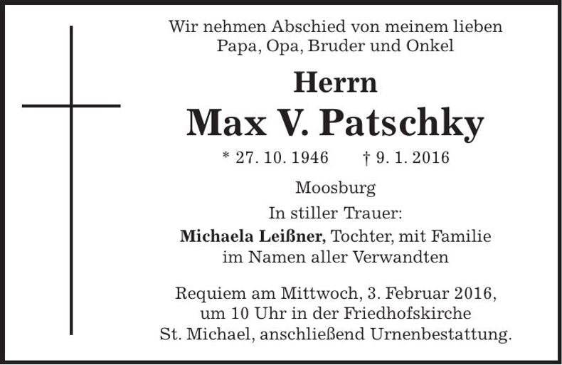 Traueranzeige Max V. Patschky