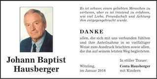 Traueranzeige Johann Baptist Hausberger