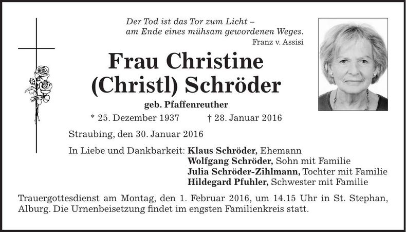 Traueranzeige Christine (Christl) Schröder