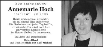 Traueranzeige Anne Hoch