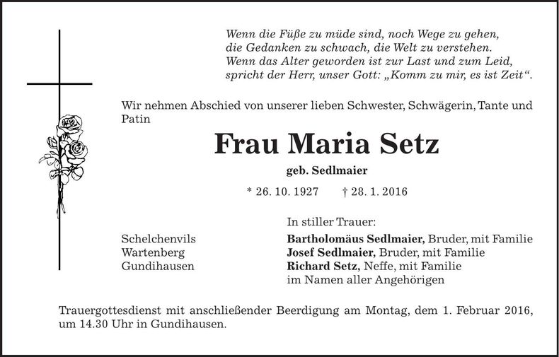 Traueranzeige Maria Setz