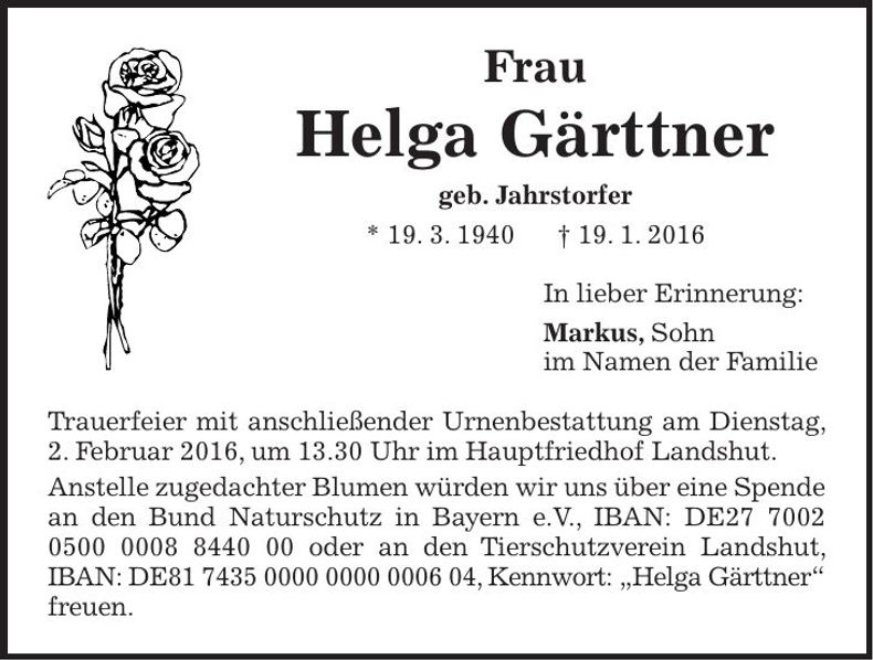 Traueranzeige Helga Gärttner
