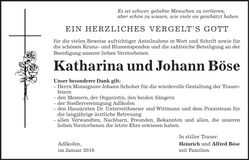 Traueranzeige Katharina und Johann Böse