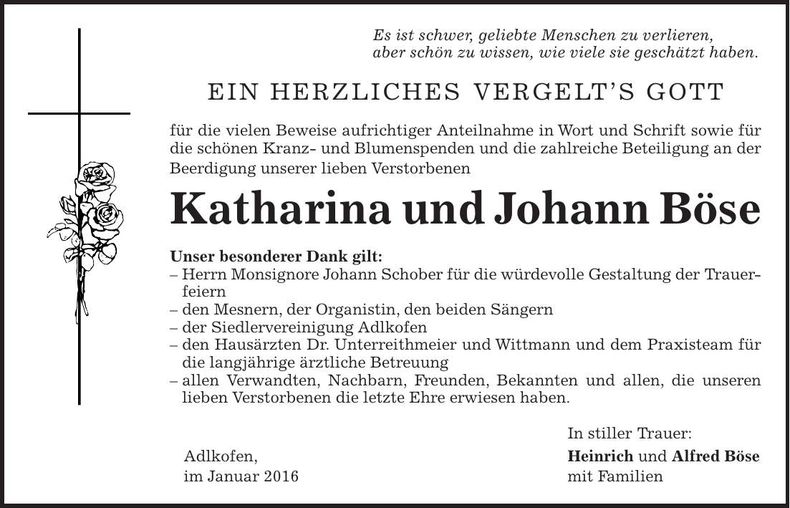 Traueranzeige Katharina und Johann Böse