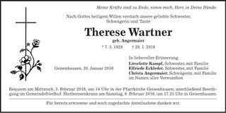 Traueranzeige Therese Wartner
