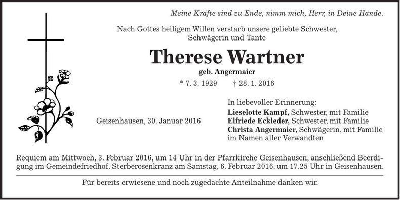 Traueranzeige Therese Wartner