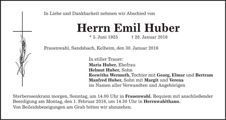 Traueranzeige Emil Huber
