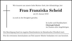 Traueranzeige Franziska Scheid