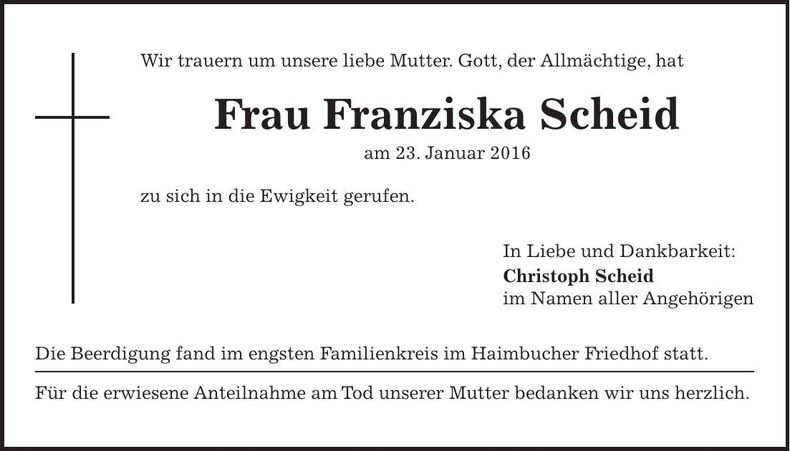 Traueranzeige Franziska Scheid
