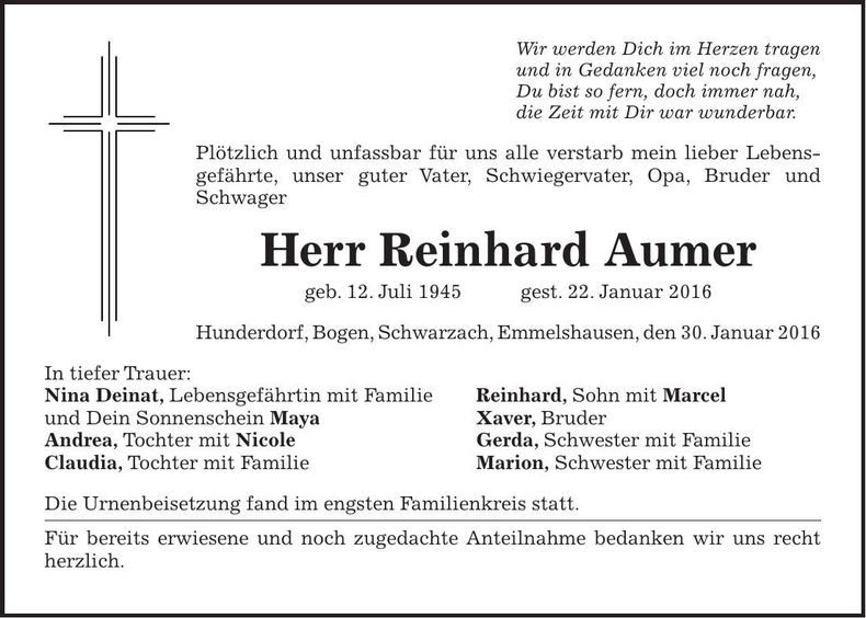 Traueranzeige Reinhard Aumer