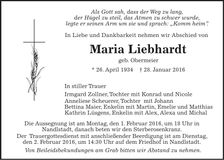 Traueranzeige Maria Liebhardt
