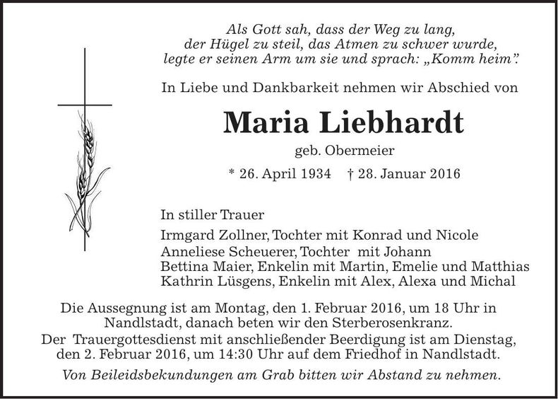 Traueranzeige Maria Liebhardt