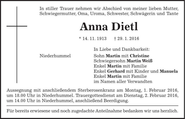 Traueranzeige Anna Dietl