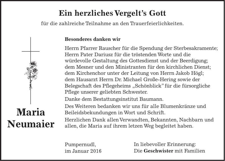Traueranzeige Maria Neumaier