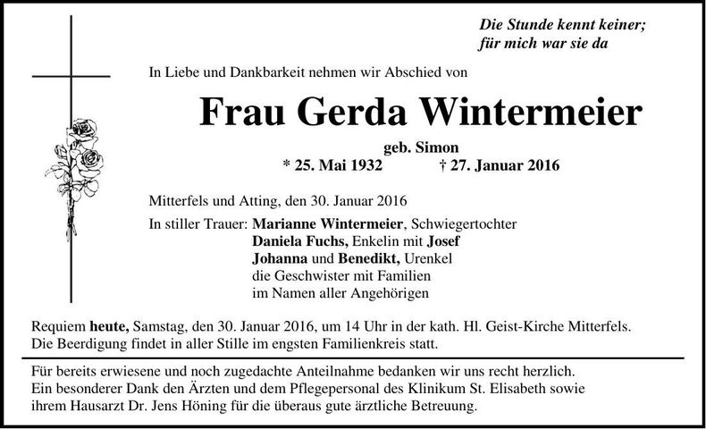 Traueranzeige Gerda Wintermeier