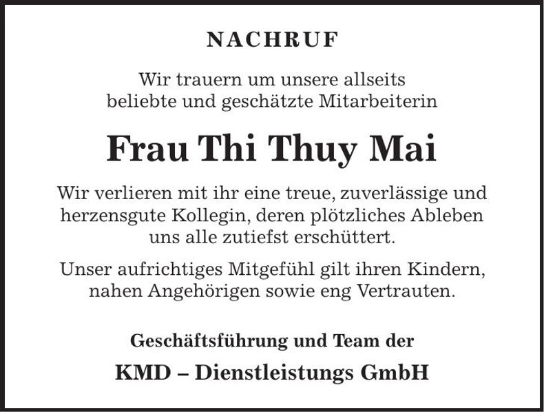 Traueranzeige Thi Thuy Mai