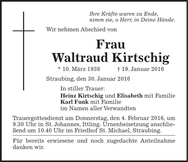Traueranzeige Waltraud Kirtschig