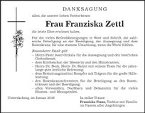 Traueranzeige Franziska Zettl