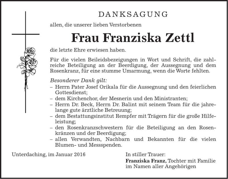 Traueranzeige Franziska Zettl