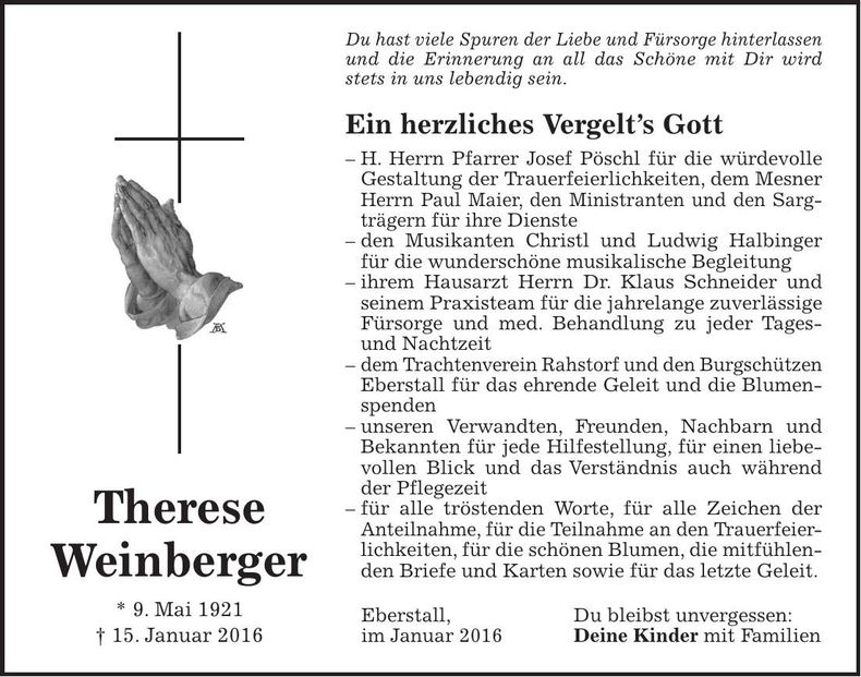 Traueranzeige Therese Weinberger
