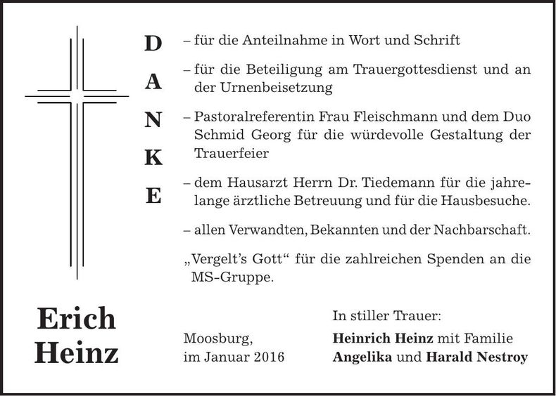 Traueranzeige Erich Heinz