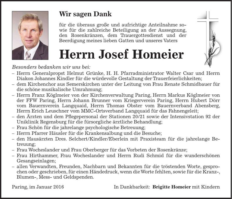 Traueranzeige Josef Homeier