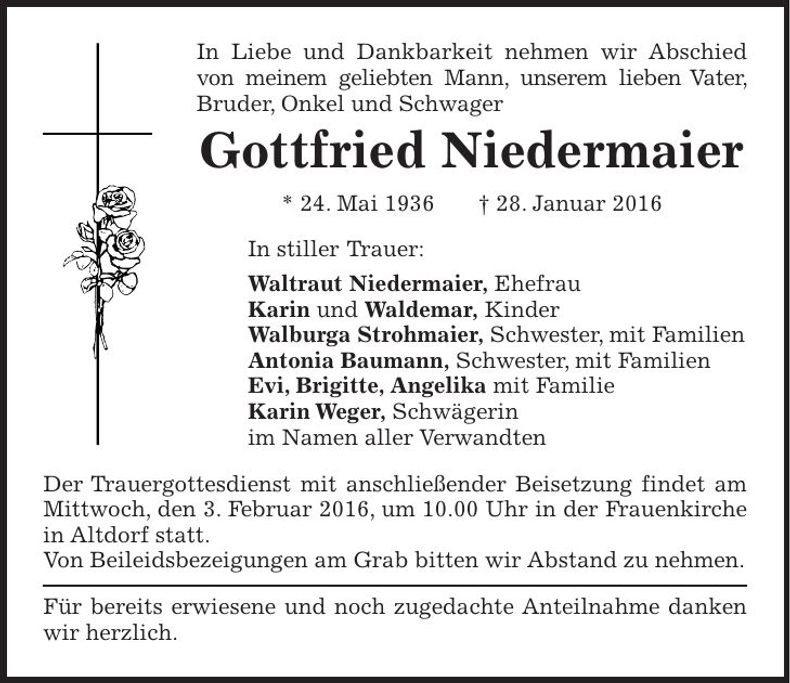 Traueranzeige Gottfried Niedermaier
