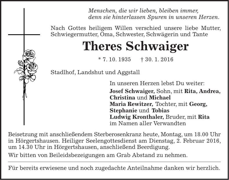 Traueranzeige Theres Schwaiger