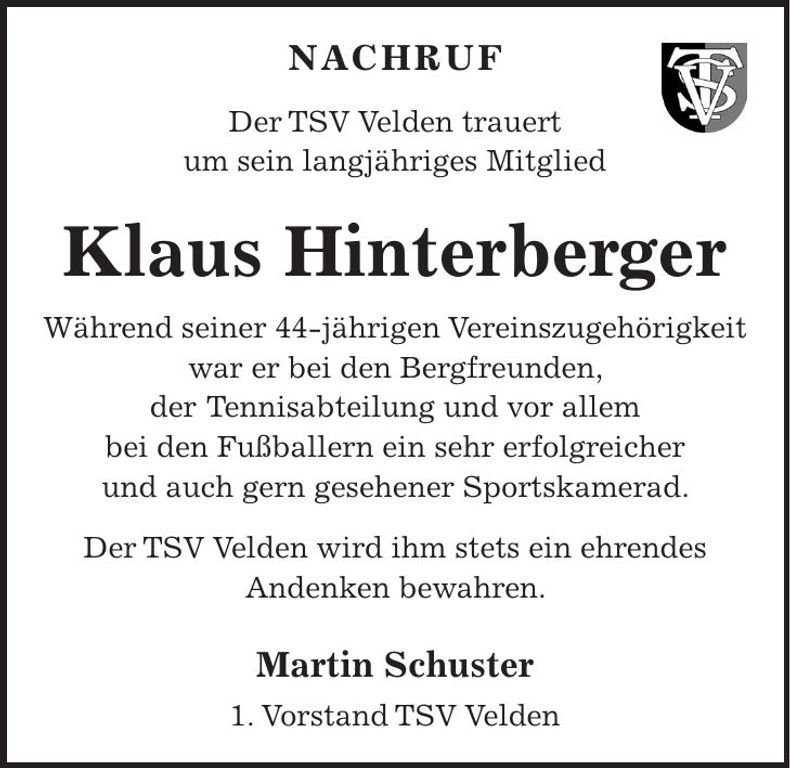 Traueranzeige Klaus Hinterberger