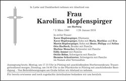 Traueranzeige Karolina Hopfenspirger