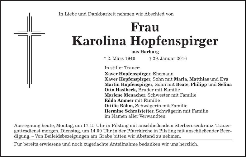 Traueranzeige Karolina Hopfenspirger