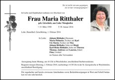 Traueranzeige Maria Ritthaler